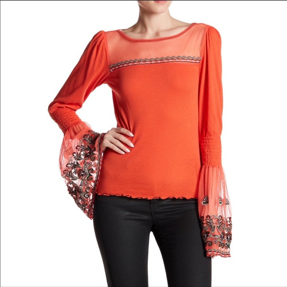 Free People orange embroidered bell sleeve top, M